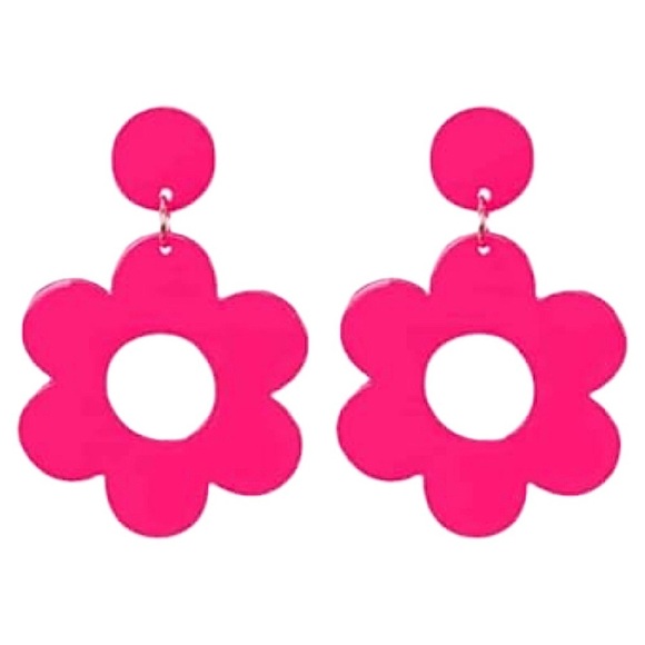 Hot Pink Hippie Flower 60s 70s Double Drop Earrings - Picture 1 of 7